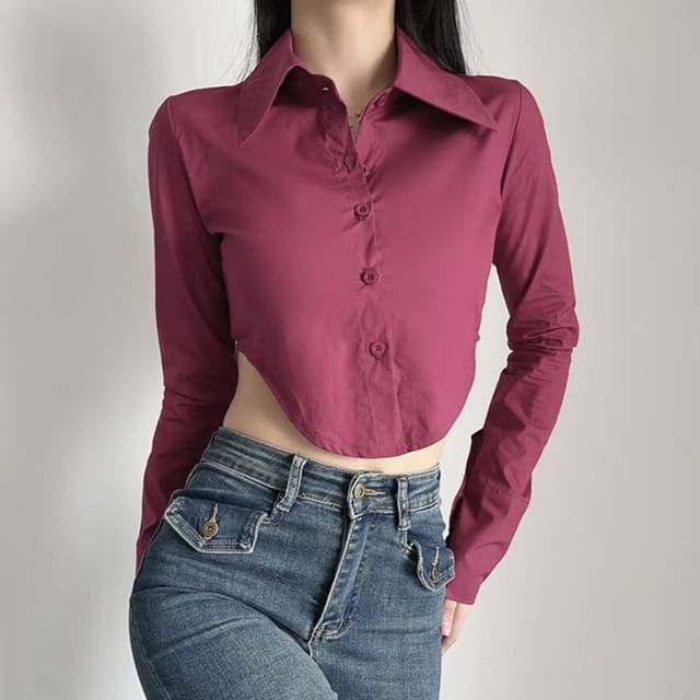 Collared Cropped Button-Down Long-Sleeve Shirt