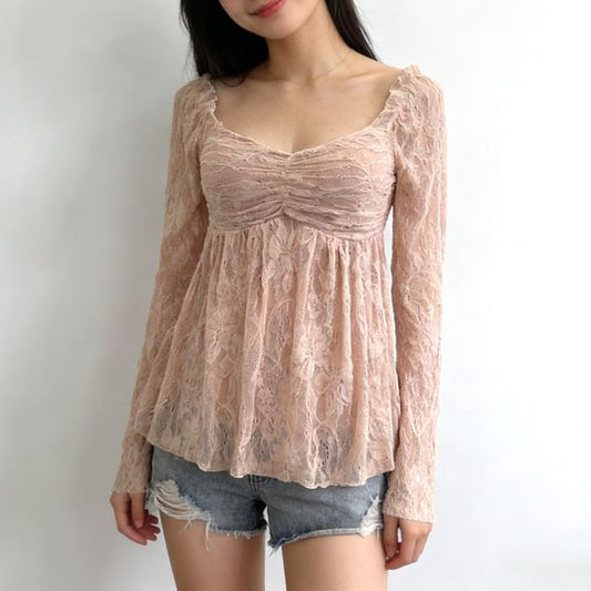 Square Neck Ruched Padded Lace Top Long Sleeve