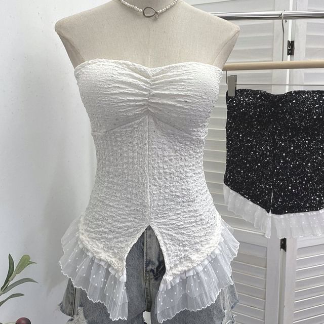 Shimmer Lace Cutout Cropped Tube Top