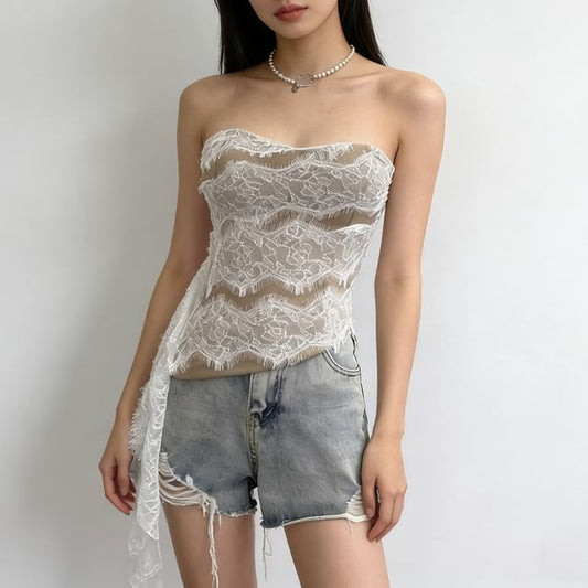 Asymmetrical Padded Lace Crop Tube Top