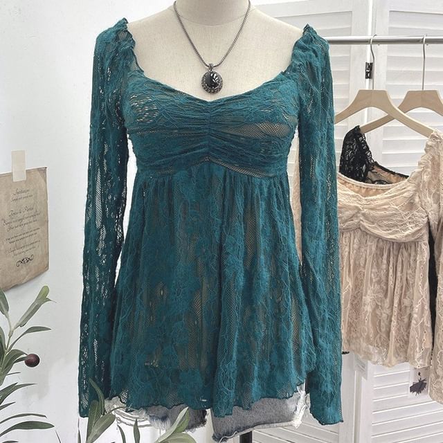 Square Neck Ruched Padded Lace Top Long Sleeve