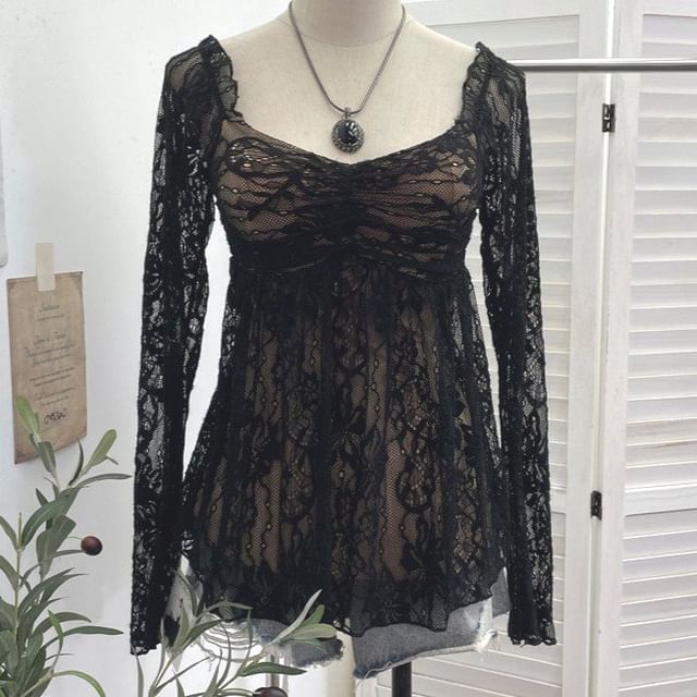 Square Neck Ruched Padded Lace Top Long Sleeve
