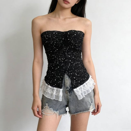 Shimmer Lace Cutout Cropped Tube Top