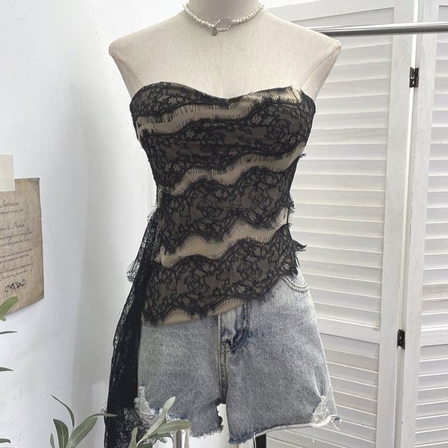 Asymmetrical Padded Lace Crop Tube Top