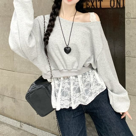 Cold Shoulder Mock Two Piece Lace Trim Sweatshirt