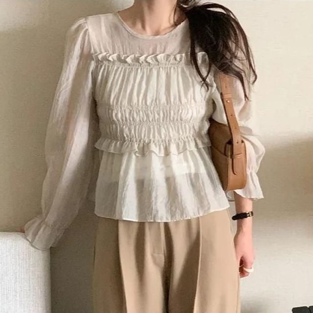 Round Neck Ruffle Trim Long-Sleeve Blouse