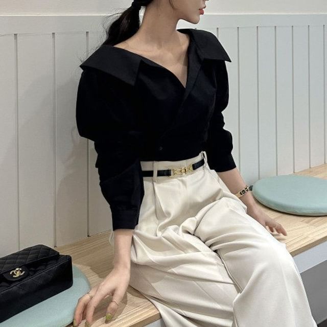 Striped Collared Button-Up Long-Sleeve Blouse