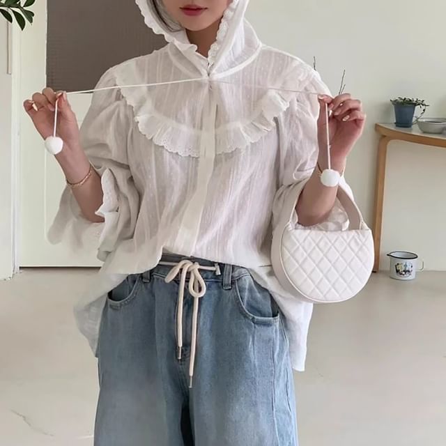 Hooded Ruffle Trim Button-Up Long-Sleeve Shirt