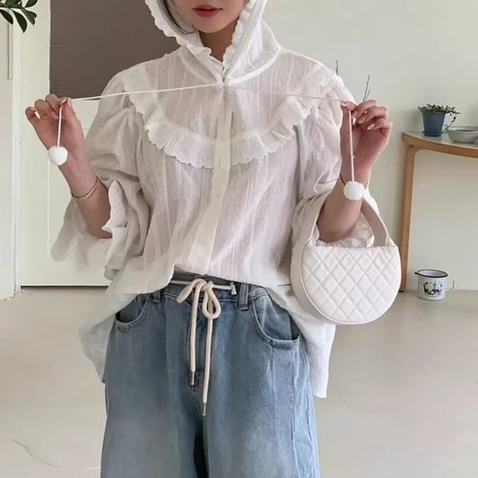 Hooded Ruffle Trim Button-Up Long-Sleeve Shirt
