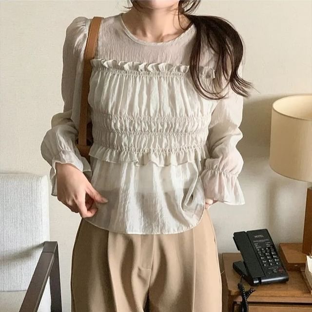 Round Neck Ruffle Trim Long-Sleeve Blouse