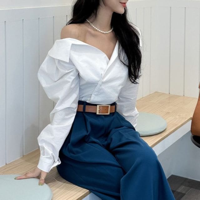 Striped Collared Button-Up Long-Sleeve Blouse