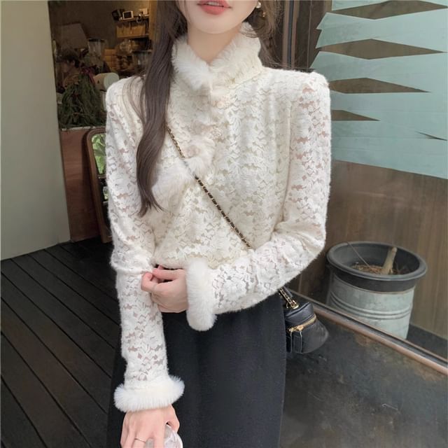 Stand Collar Fluffy Trim Frog Button Lace Blouse