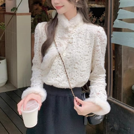 Stand Collar Fluffy Trim Frog Button Lace Blouse