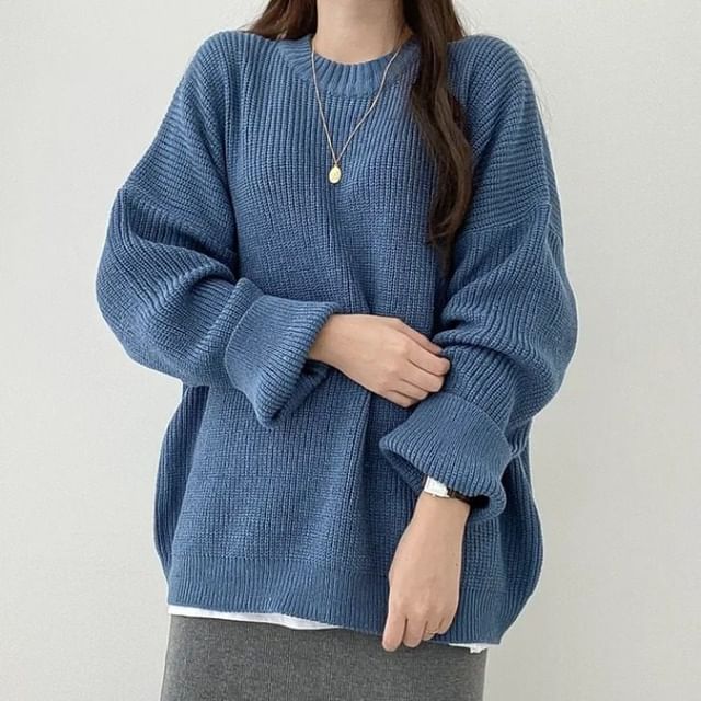 Ribbed Knit Crew Neck Pullover Sweater