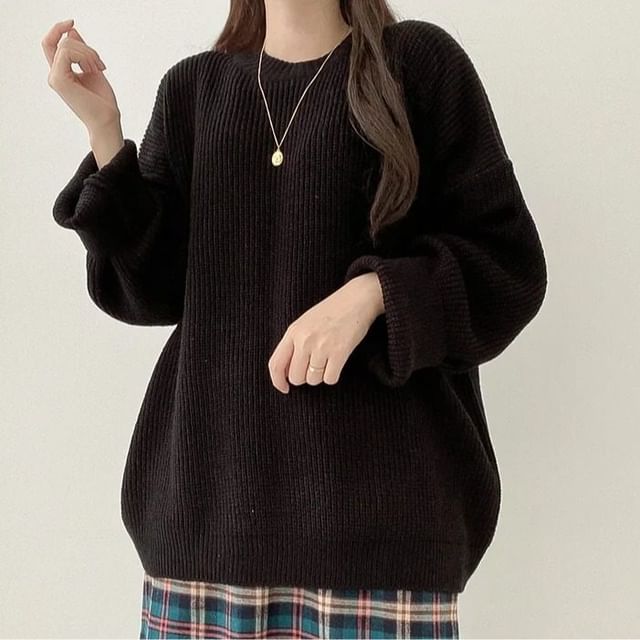 Ribbed Knit Crew Neck Pullover Sweater