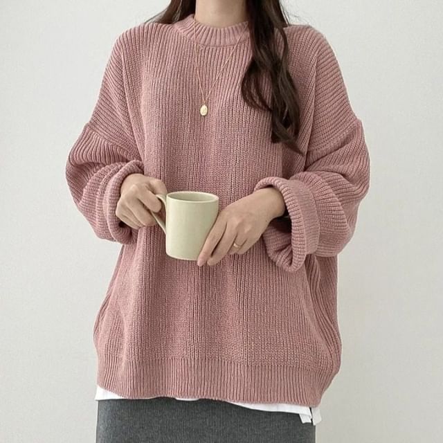 Ribbed Knit Crew Neck Pullover Sweater