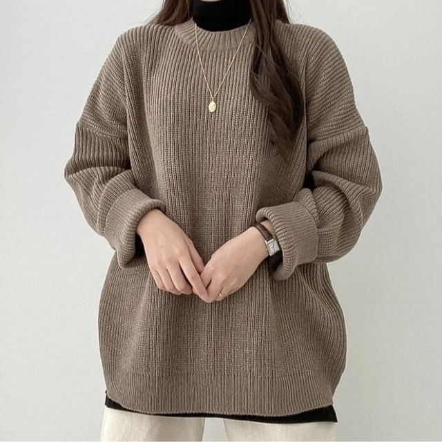 Ribbed Knit Crew Neck Pullover Sweater