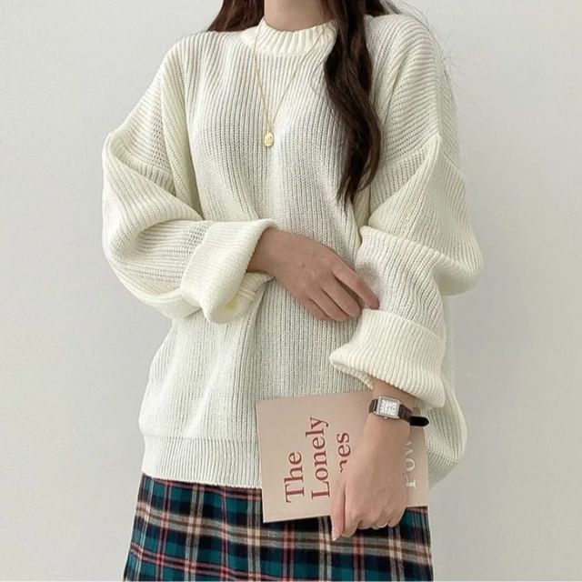 Ribbed Knit Crew Neck Pullover Sweater