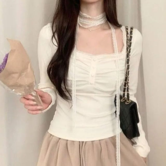 Square Neck Plain Lace Trim T-Shirt Long Sleeve