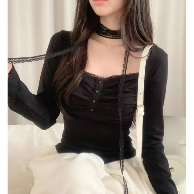 Square Neck Plain Lace Trim T-Shirt Long Sleeve