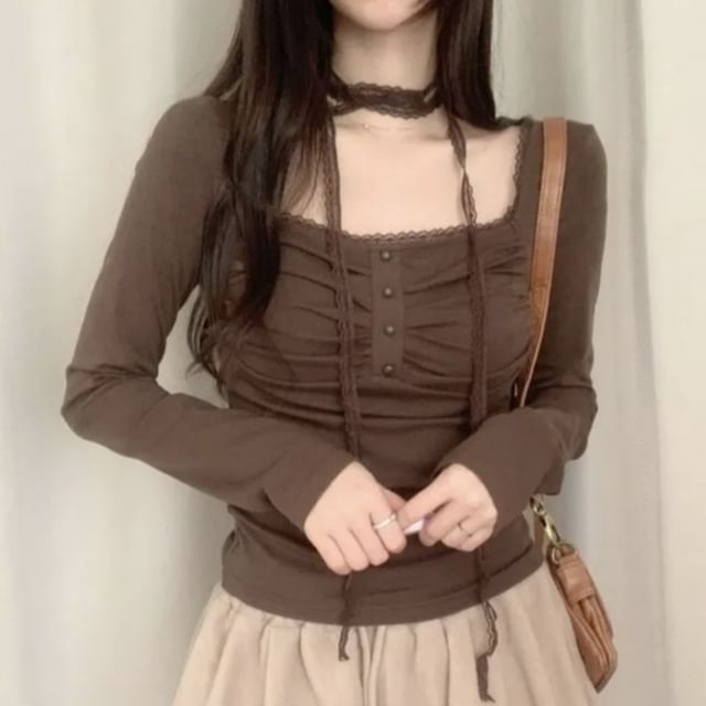 Square Neck Plain Lace Trim T-Shirt Long Sleeve