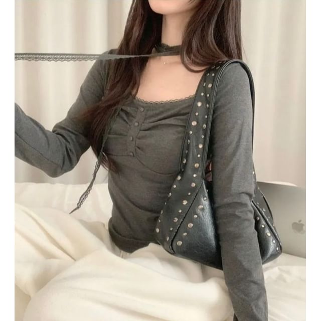 Square Neck Plain Lace Trim T-Shirt Long Sleeve