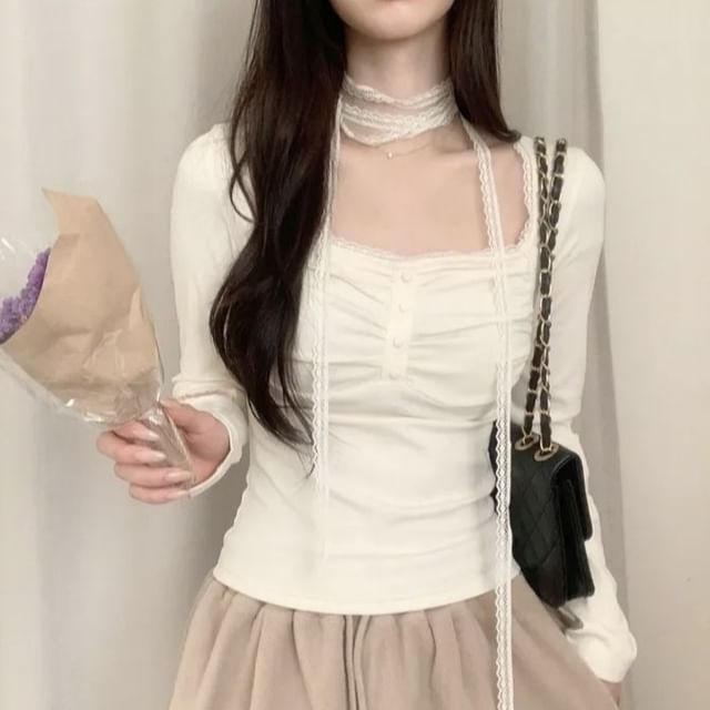 Square Neck Plain Lace Trim T-Shirt Long Sleeve