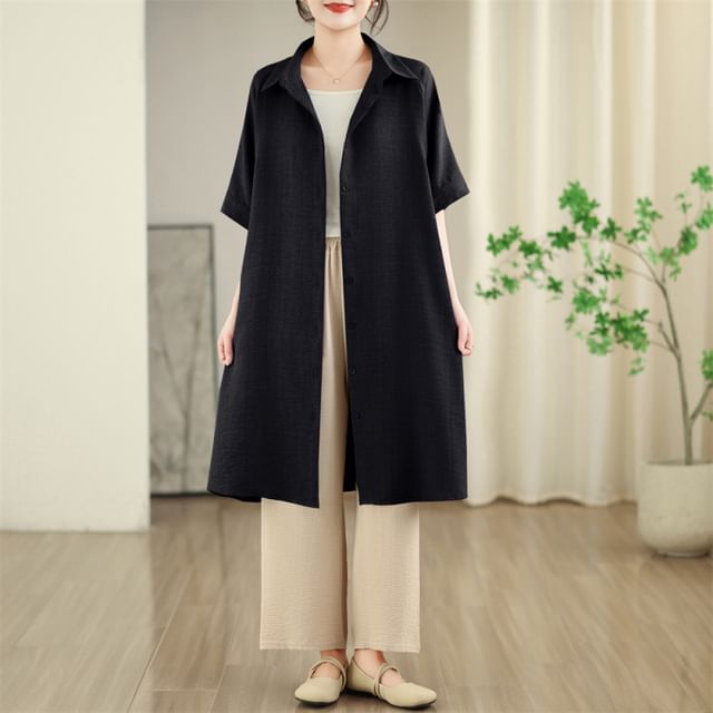 Sashed Long Shirt with Elbow-Length Sleeves