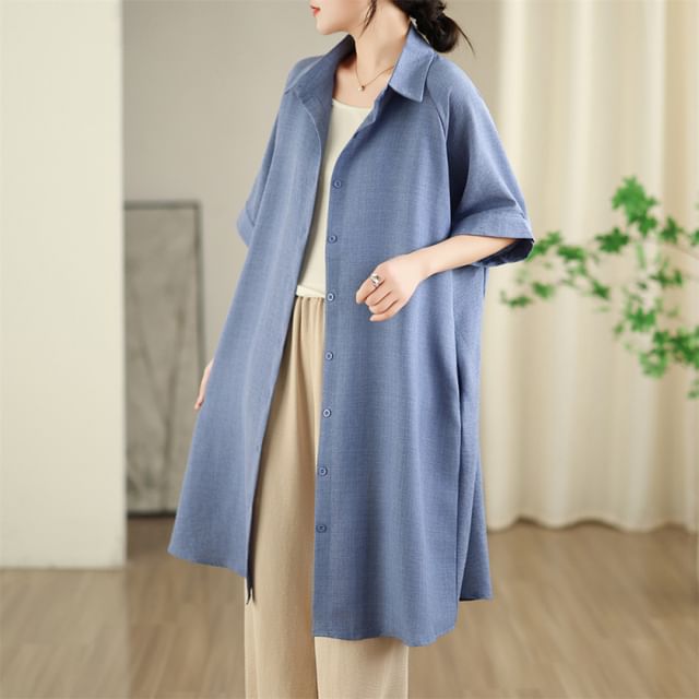 Sashed Long Shirt with Elbow-Length Sleeves