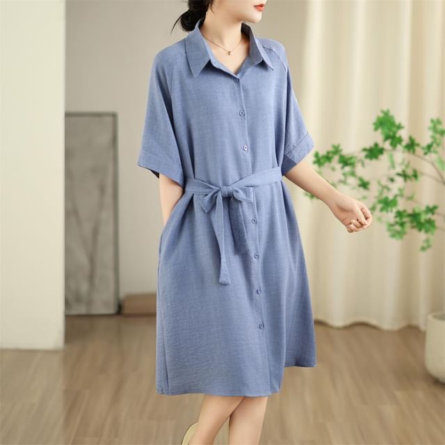 Sashed Long Shirt with Elbow-Length Sleeves