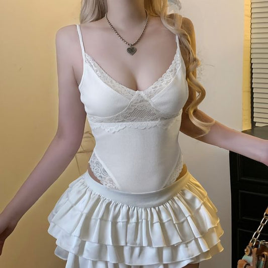 Spaghetti Strap V-Neck Lace Bodysuit