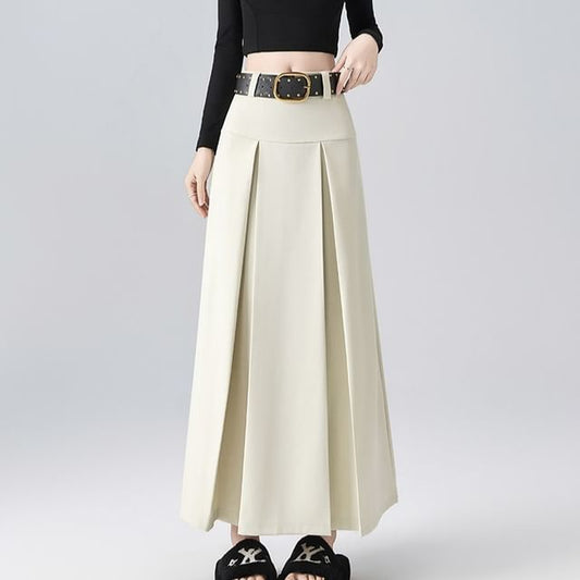 Pleated Maxi A-Line Skirt with Studded Belt - Mid Rise