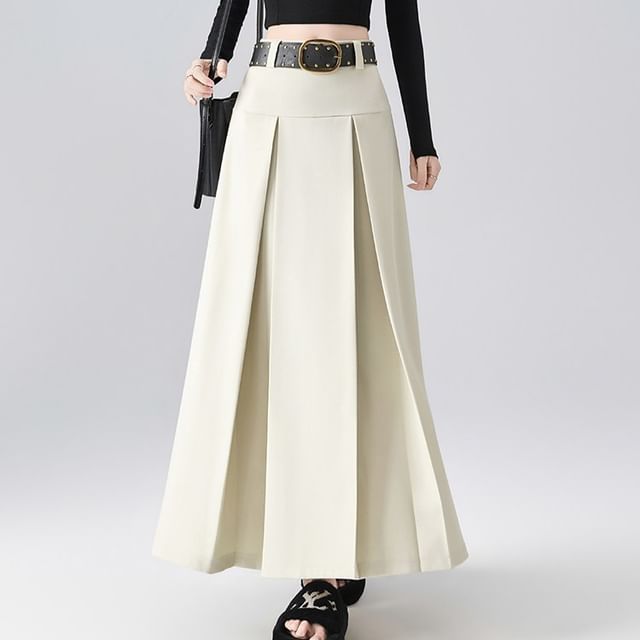 Pleated Maxi A-Line Skirt with Studded Belt - Mid Rise
