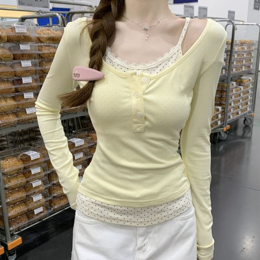 Mock Two Piece Scoop Neck Micro Dot Lace Tee