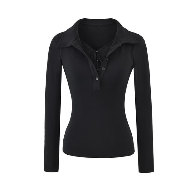Collared Mock Two-Piece Lace Panel Top