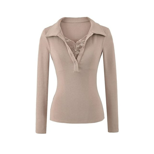 Collared Mock Two-Piece Lace Panel Top