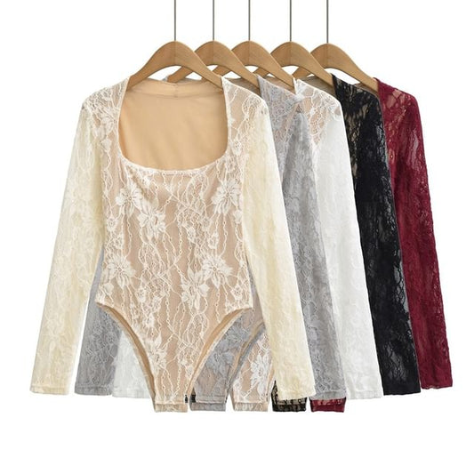 Square Neck Lace Overlay Bodysuit