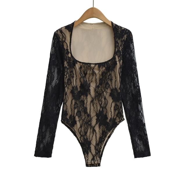 Square Neck Lace Overlay Bodysuit