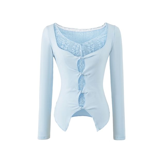 V-Neck Mock Two-Piece Lace Panel Top