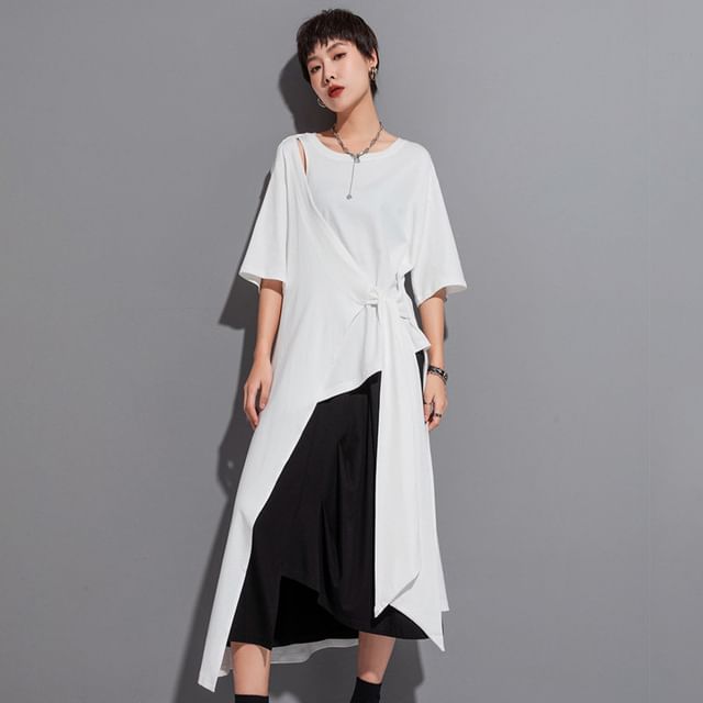 Elbow Sleeve Mock Two-Piece Tie-Up Top with High-Low Hem