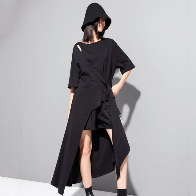 Elbow Sleeve Mock Two-Piece Tie-Up Top with High-Low Hem