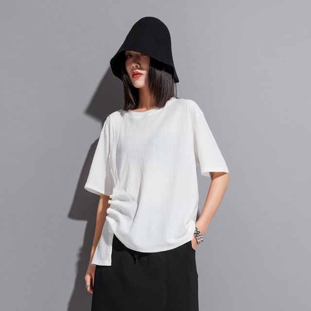 Ruched Asymmetric Crew Tee in Solid Hue