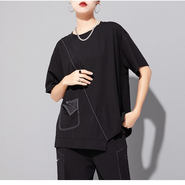 Asymmetric Contrast-Stitch Tee with Patch Pockets - Trendy