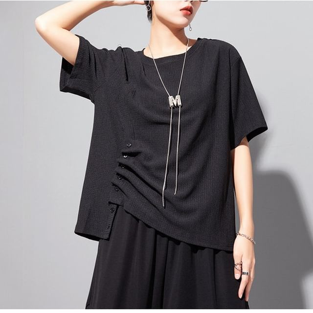 Ruched Asymmetric Crew Tee in Solid Hue