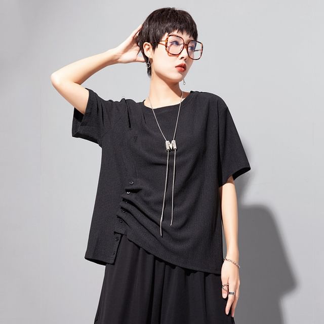 Ruched Asymmetric Crew Tee in Solid Hue