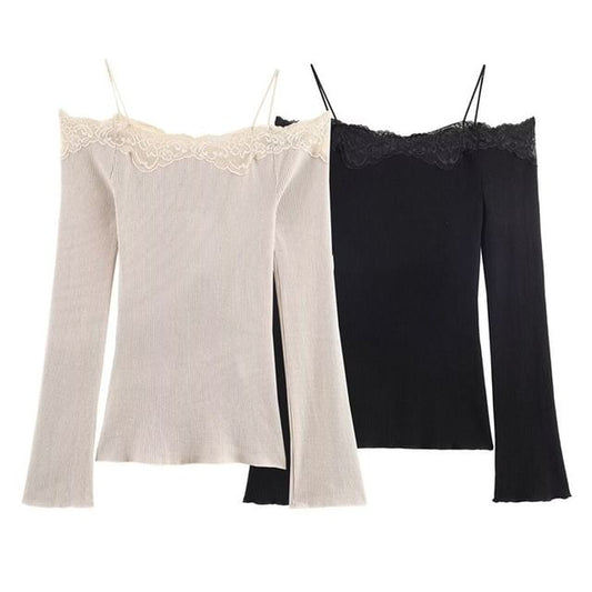 Cold-Shoulder Ribbed Lace Trim Knit Top