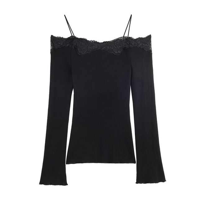 Ribbed Knit Cold-Shoulder Top with Lace Trim