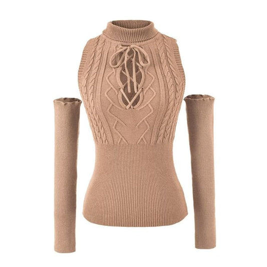 Mock Neck Lace-Up Knit Top with Arm Sleeves