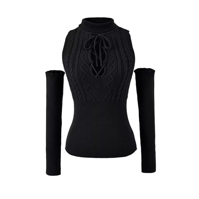 Lace-Up Mock Neck Sleeveless Knit with Arm Covers