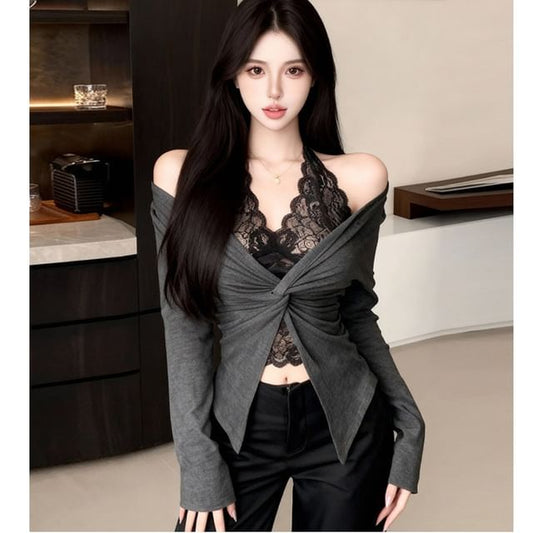 Halter Slit Ruched Mock Two Piece Lace Top